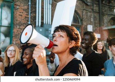 Feminist With A Megaphone At A Protest