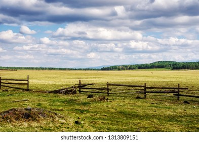 Fence in the green field under blue cloud sky. Beautiful landscape, Russia - Shutterstock ID 1313809151