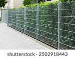 Fence with Hedge Fence, Modern Metal Wire Mesh Fence Panels with Green Hedges. Hedging Plants as Garden Fence.