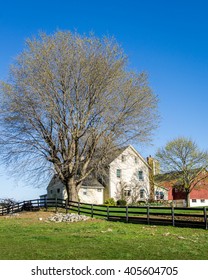 Fence Leading To Amish Farm House Next To Large Tree.