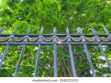 A fence with sharp tips on a background of green chestnut leaves - Powered by Shutterstock