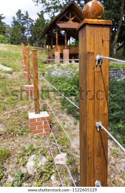 Fence Wooden Carved Supports Behind Concrete Stock Photo Edit Now