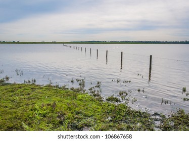 A fence of wooden poles and barbed wire in a flooded Dutch older area.