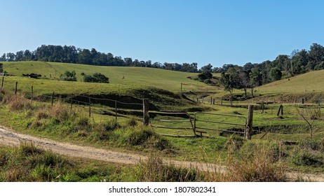 The Fenced Yards Of An Australian Dairy Farm With Hilly Pastures In Eungella National Park