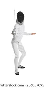 Fencer with epee practicing on white background