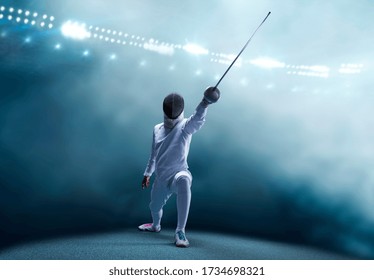 The fencer moves forward with a sword in his hand. Sport concept. Mixed media - Powered by Shutterstock