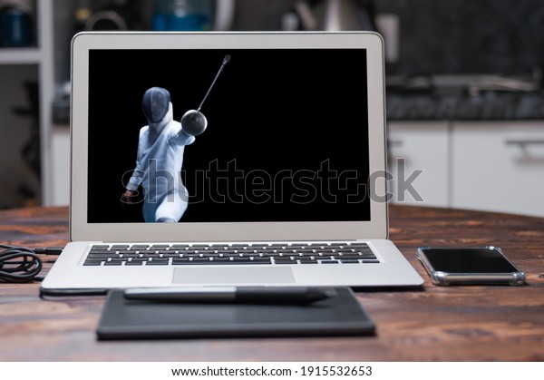The fencer moves forward with a sword in his hand.\
Sport concept. Mixed media