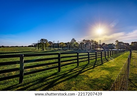 Fences separating pastures of a horse farm in rural Kentucky