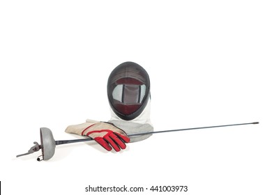 Fencing mask, sword and gloves on isolated white background