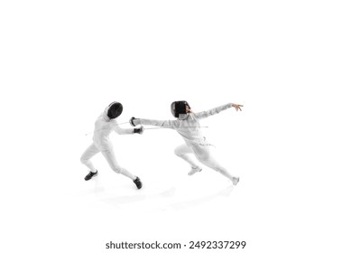 Fencing partners spar in controlled practice, each working to enhance their strategy and execution against white studio background. Concept of professional sport, competition, power, action. Ad - Powered by Shutterstock