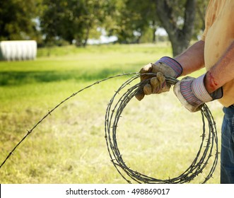 Fencing And Safety: Man's Hands Working On Barbed Wire Farm Fence With Blood Cut.
