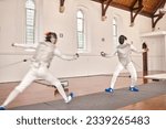 Fencing, sport and men with sword to fight in training, exercise or workout in a hall. Martial arts, match and fencers or people with mask and costume for fitness, competition or target in swordplay