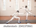 Fencing, sport and people with sword to fight in training, exercise or workout in hall. Martial arts, stab and fencers or men jump in mask and costume for fitness, competition or target in swordplay