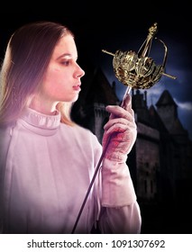 Fencing sport for women fencer. Fia female athlete in fight epee competition in historical medieval castle with lens flare illumination. Girl of noble birth.