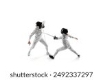 In fencing training session, two female competitors work on their attack and parry sequences against white studio background. Concept of professional sport, competition, strength and power, action. Ad