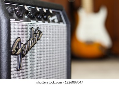 Fender amplifier (Frontman 10G) and Squier Affinity Stratocaster Concept Photo ISTANBUL - TURKEY / DECEMBER 6, 2015