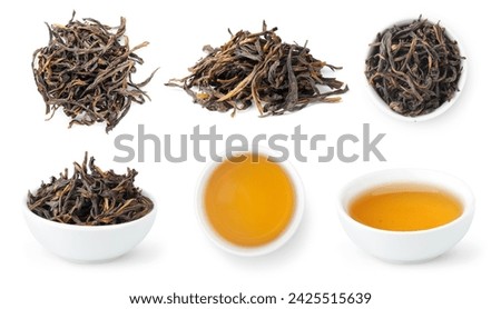 Feng Huang Dan Cong, Fenix Dang Cong Oolong, collection of loose leaves and bowls of brewed Chinese tea isolated on white background