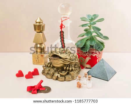 Feng Shui art of harmony of space. Various baubles symbolizing feng shui: Wind music, Chinese coins, pyramid, pagoda, frog, lilac napkin, aroma, salty water. Cozy house. Succulent.