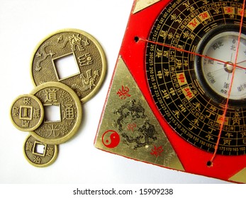 Feng Shui Compass (Luopan) And Chinese Coins.