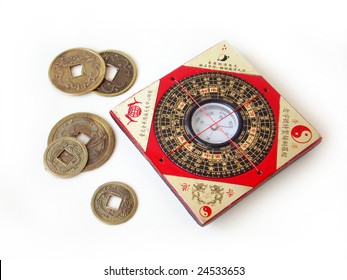   Feng Shui Compass (Luopan) And Chinese Coins On White Background