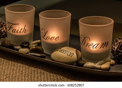 Feng Shui Glass Candle Holders Imprinted Faith, Love, Passion, Dream