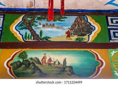 Fengdu, China - May 8, 2010: Ghost City, Historic Sanctuary. Colorful Small Chinese Mythology Paintings On Walls.