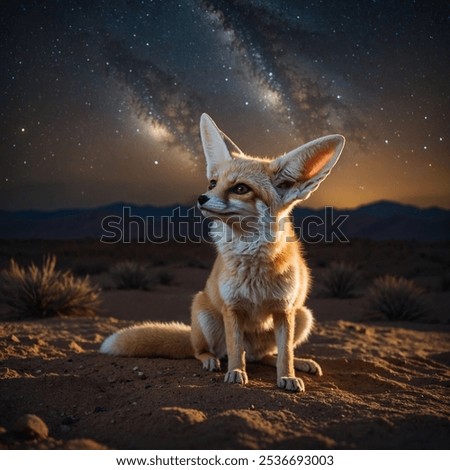 Fennec fox perched on a sand hill under the starry night sky — a stunning desert scene featuring the iconic big-eared fox gazing into the cosmos.