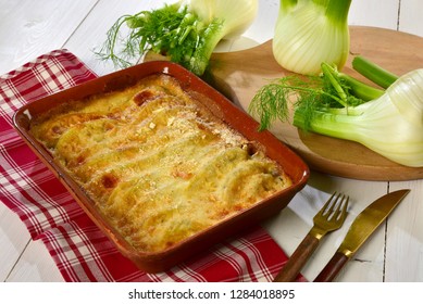 Fennel Au Gratin Baked With Béchamel Sauce Inside A Terracotta Dish