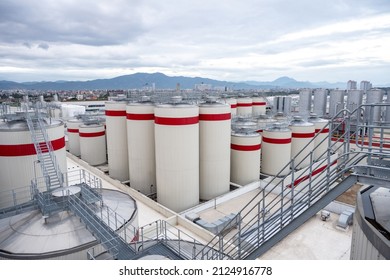 Fermentation Tanks For Making Different Types Of Beer In The Distillery.Giant Stainless Steel Fermentation For Industrial Use.