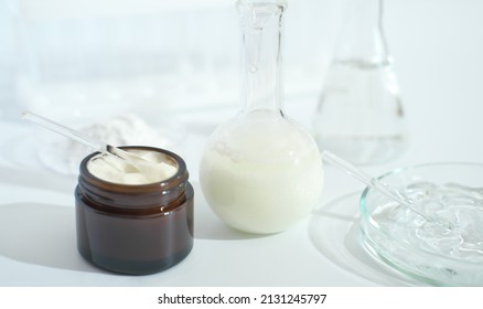 Fermented Cosmetic In A Laboratory. Enzymatic Fermentation Process, Skin Regeneration With Amino Acids, Petri Dishes With Ingredients