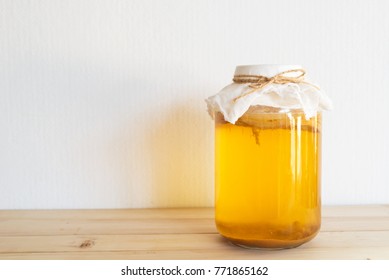 Fermented Drink, Jun Tea Healthy Natural Probiotic In A Glass Jar.