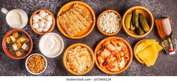 Fermented food, probiotics - kefir, kombucha, sauerkraut, pickles, miso soup, tempeh, natto, kimchi, yogurt, mozzarella and gouda cheeses, cottage cheese.