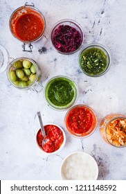 Fermented Preserved Jars Red Cabbage, Beetroot, Tomato Sauce, Red Peppers Fried Canning Food Overhead 