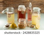 Fermented probiotic beverages - Water Kefir, Kobucha, Ginger Ale, Ginger Bug - cardboard signs