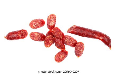Fermented, smoked sausage with chopped slices isolated on white background, top view - Shutterstock ID 2256040229
