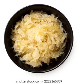 Fermented White Cabbage In A Black Ceramic Bowl Isolated On White. Top View.