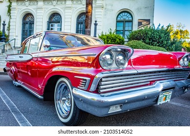 Fernandina Beach, FL - October 18, 2014: Wide Angle Low Perspective Front View Of A 1959 Mercury Park Lane Coupe At A Classic Car Show In Fernandina Beach, Florida.