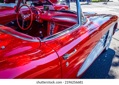 Fernandina Beach, FL - October 18, 2014: Low Perspective Interior Of A 1959 Chevrolet Corvette Convertible At A Downtown Classic Car Show.