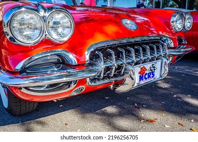 Fernandina Beach, FL - October 18, 2014: Wide Angle Low Perspective Front Bumper And Grille Detail Of A 1959 Chevrolet Corvette Convertible At A Downtown Classic Car Show.