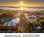 Fernandina Beach, Florida, USA historic downtown cityscape at dusk.