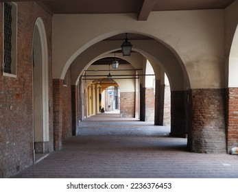 Ferrara, Italy. Porticoes of Via Boccacanale di Santo Stefano, in the 10th century there was a stream here and this was a landing place.