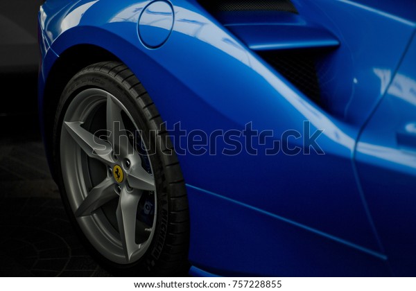 Ferrari 488 Spider Blue Metallic Blue Transportation Stock