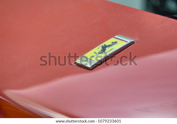 Ferrari logo close up view of prancing
horse in automotive fair Turin Italy April 20
2018