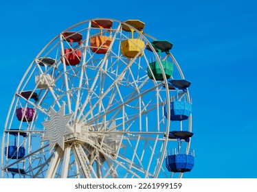Ferris Wheel on the mountain Tibidabo. Tibidabo amusement park in Barcelona, Spain