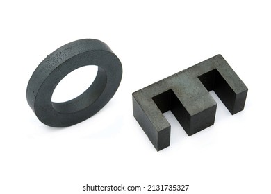 Ferrite Cores For Transformers Isolated On White Background. Two Perspectives.	