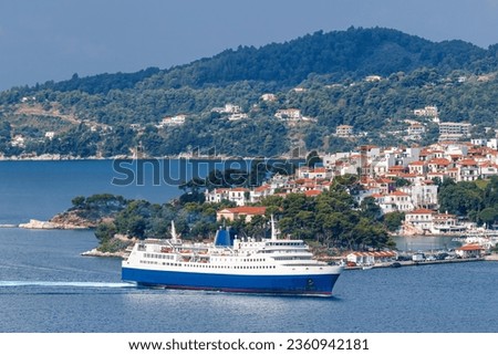 Ferry boat in the Mediterranean Sea travel Aegean island of Skiathos, Greece