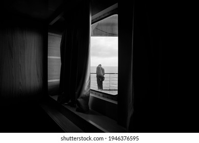 A Ferry Inside With One Passenger In The Morning, Black And White