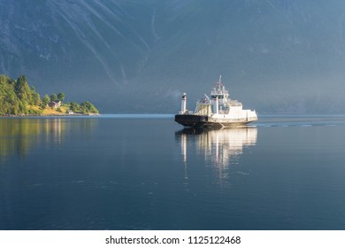 Ferry On Sunrise With Fjord, Norway