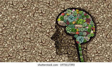 Fertile Imagination And Healthy Mind Or Mental Health Concept As A Neurology Or Psychiatry And Psychology Symbol As A Brain Intelligence Icon As Plants Shaped As The Thinking Organ In A Dry Desert.