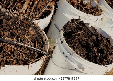 Fertilizer, organic compound or plant substrate stored in white buckets, collected from a compost bin and produced through the composting process.